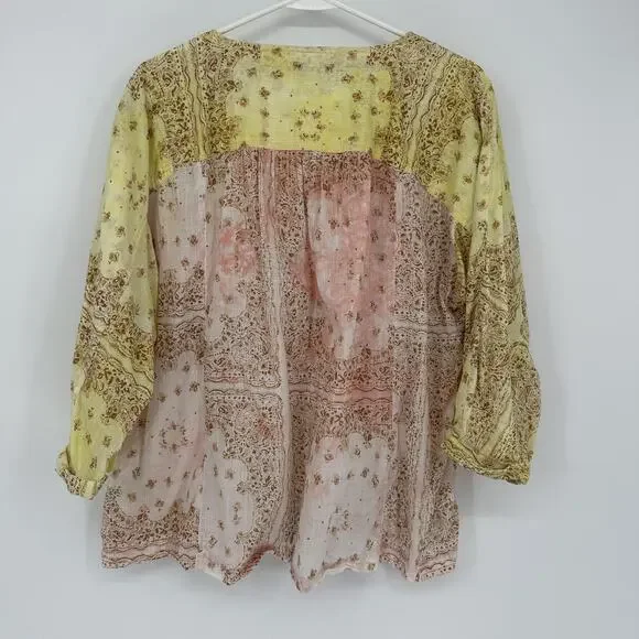 Pilcro Anthropologie Blouse Womens Medium Yellow Pink Boho Peasant Long Sleeve - Picture 6 of 9